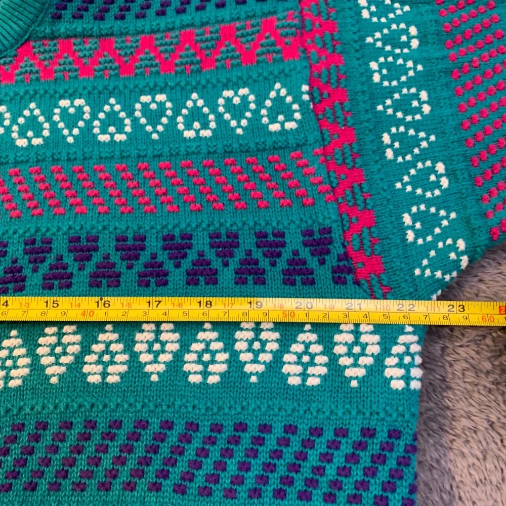 Vintage 90s Jantzen Teal Pink Heart Knit Sweater Embroidered‎ wmns Medium